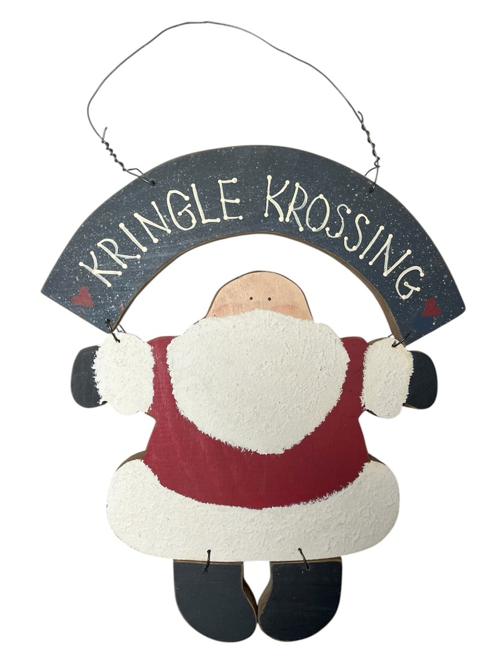 Vintage wood Kringle Krossing Santa Holiday Wall Hanging - Red and White